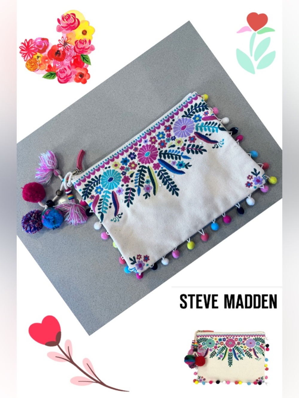Steven By Steve Madden Jyme
Colorful Embroidered Pom Pom Clutch, Natural